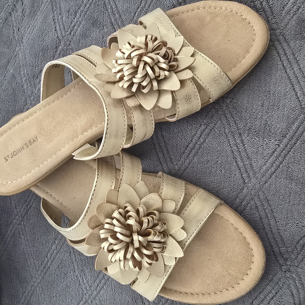 St. John's Bay Gold and Cream Sandals with Floral Design